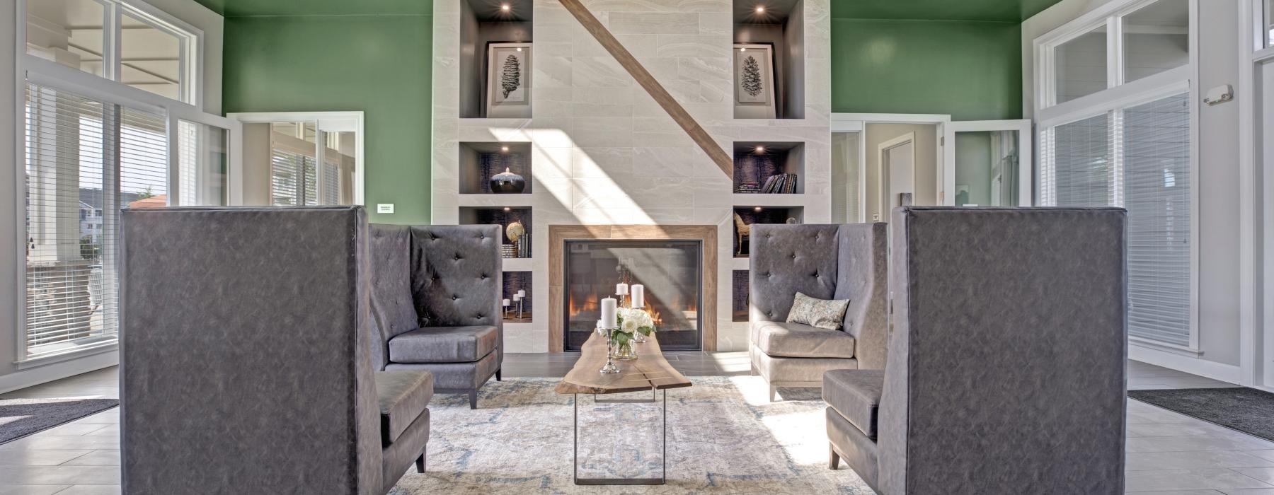 a living room with a fireplace